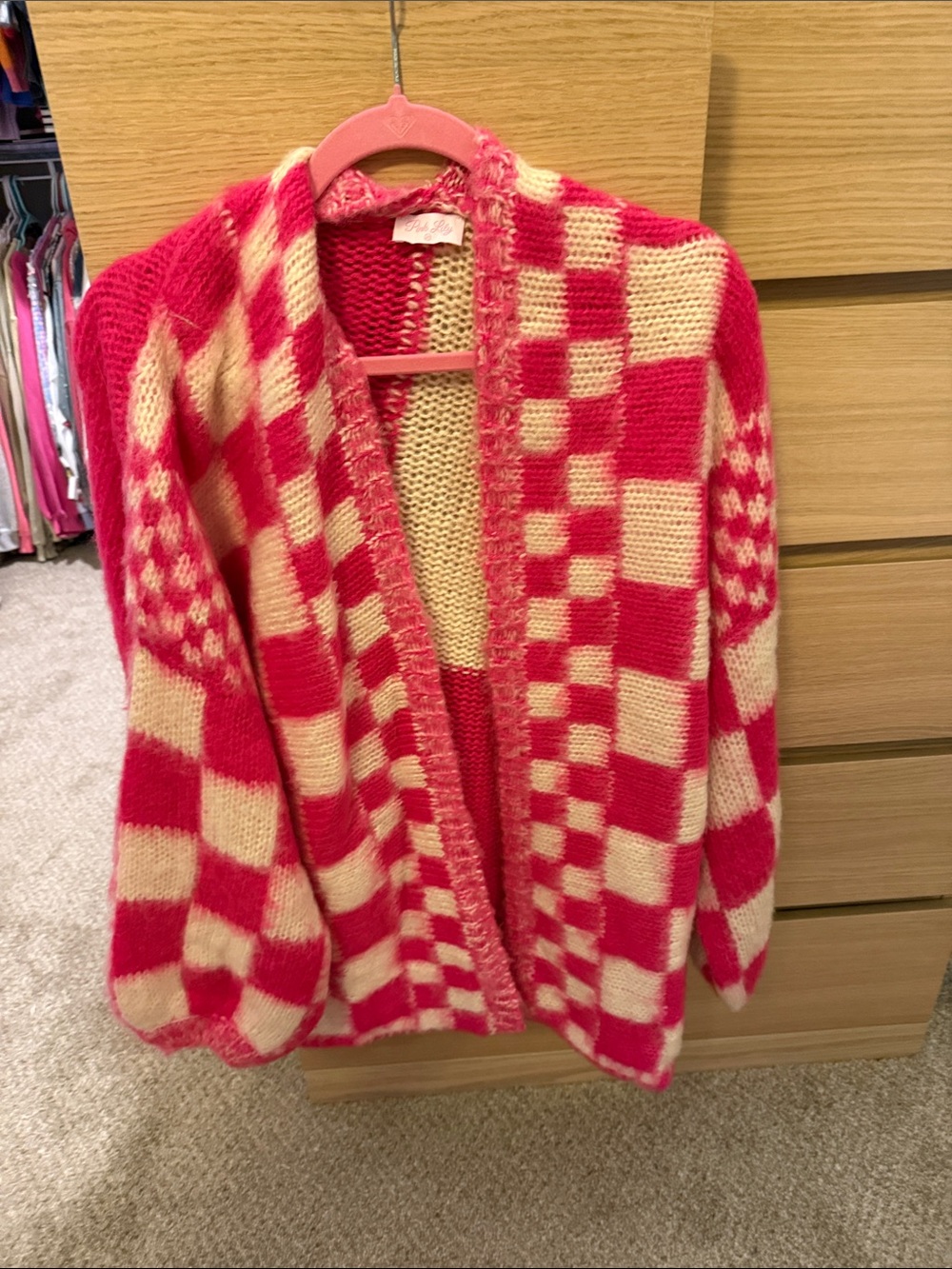 Pink Lily Pink & Cream Checkerboard Open Cardigan